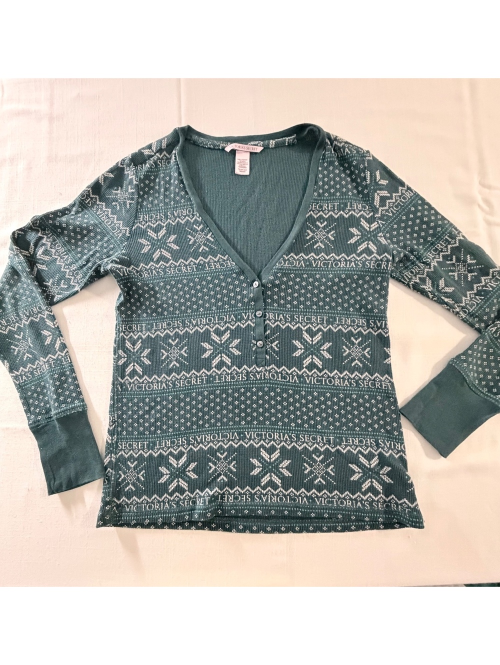 Victoria's Secret Women's XS Green Long Sleeve Button-Up Thermal Top